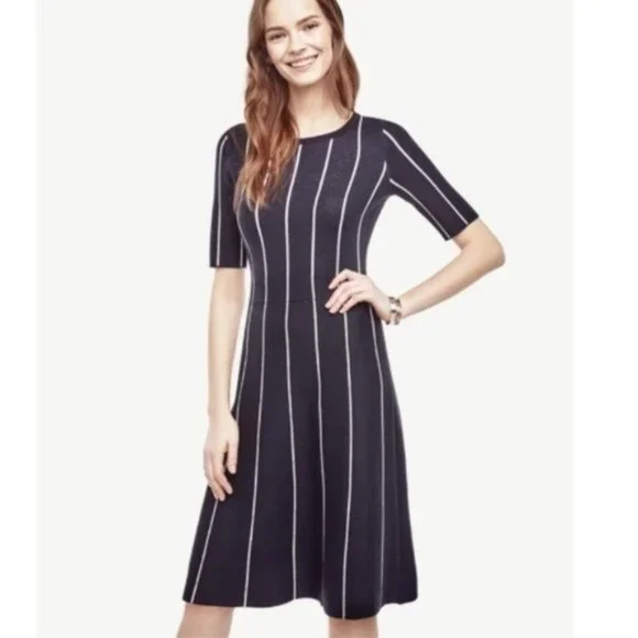 Ann Taylor Blue Pinstripe Flare Sweater Dress - Picture 7 of 7